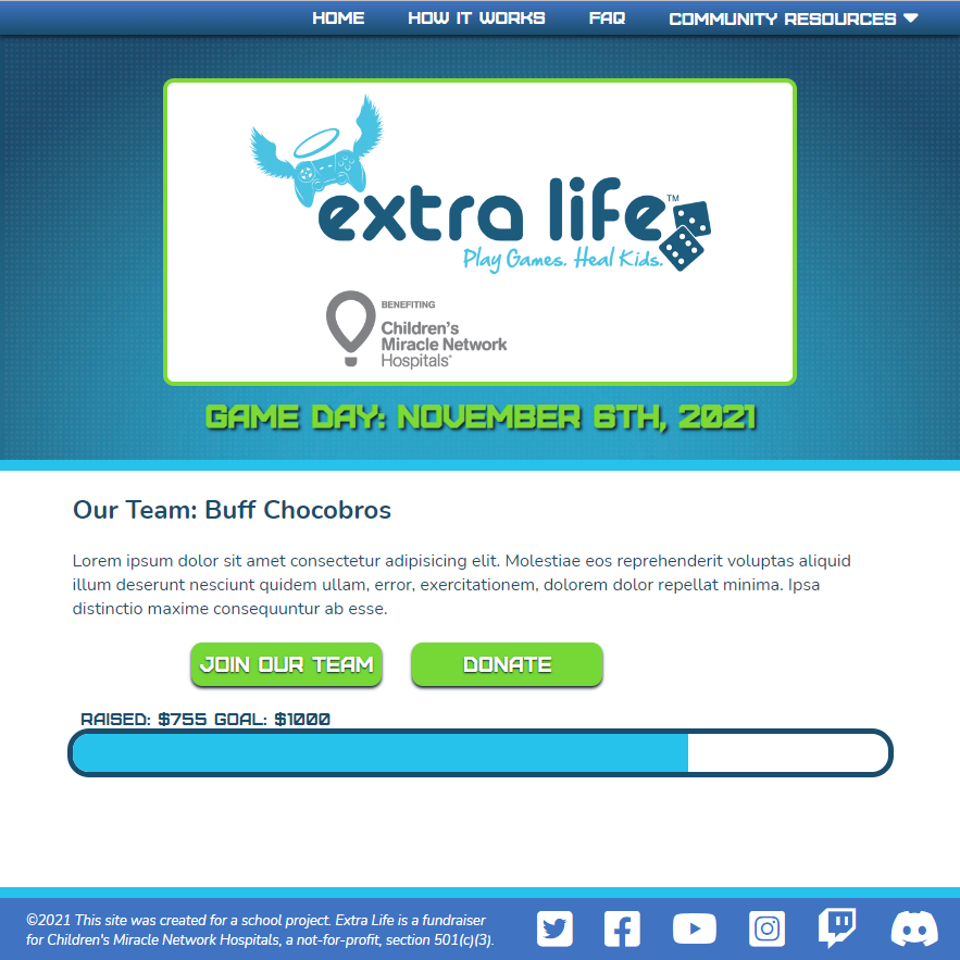 Screen shot of Extra Life campaign landing page for team Buff Chocobros
